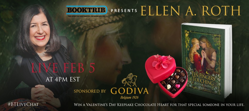 "Promotional image for a live chat with Ellen A. Roth on Feb 5 at 4 PM EST. Features Roth's book 'Ten Fingers Touching' and a Godiva chocolate box."