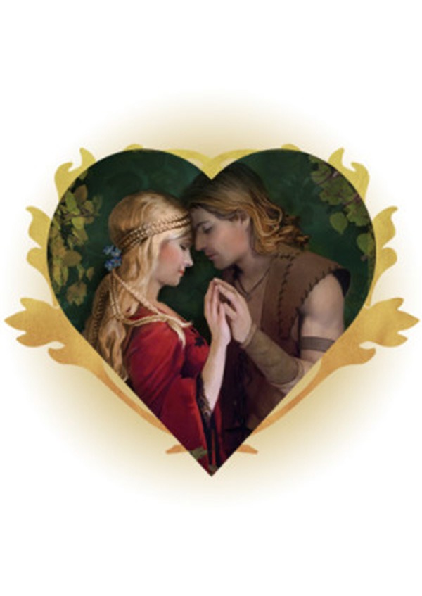 A romantic scene of a couple in medieval attire, embracing tenderly within a heart-shaped frame with golden leaves, set against a green leafy background.