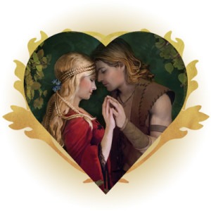 A romantic scene of a couple in medieval attire, embracing tenderly within a heart-shaped frame with golden leaves, set against a green leafy background.