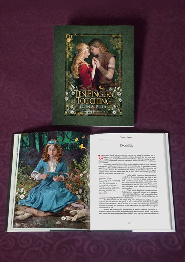 A closed and an open book display a fairy tale theme. The cover shows a romantic couple surrounded by flowers. The open book features a richly dressed girl in a forest.