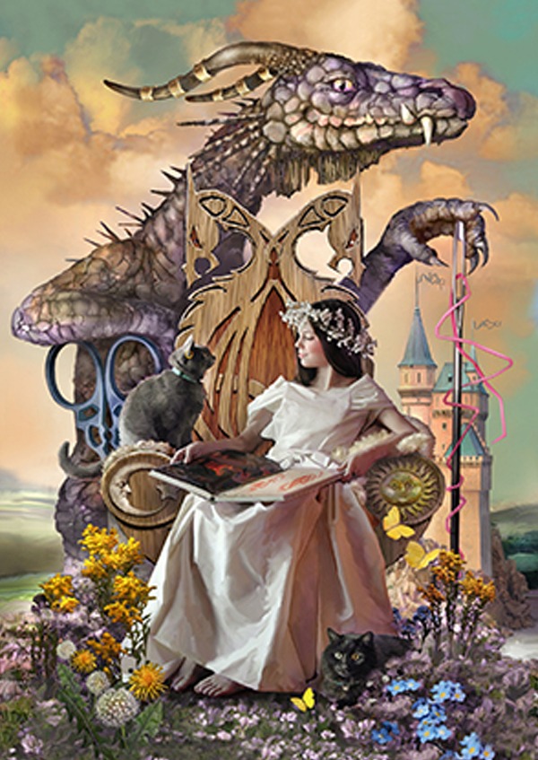A woman in a white dress sits on an ornate throne surrounded by flowers, with cats at her feet. A dragon looms behind, near a fantasy castle.