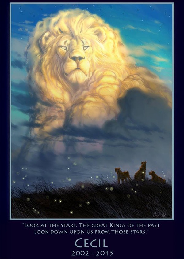 Digital illustration of a majestic lion's face in glowing clouds above a savannah. Three lions below gaze upwards, surrounded by fireflies. The image feels serene and reverent. Text reads, "Look at the stars. The great kings of the past look down upon us from those stars." Below, it says, "Cecil, 2002-2015."
