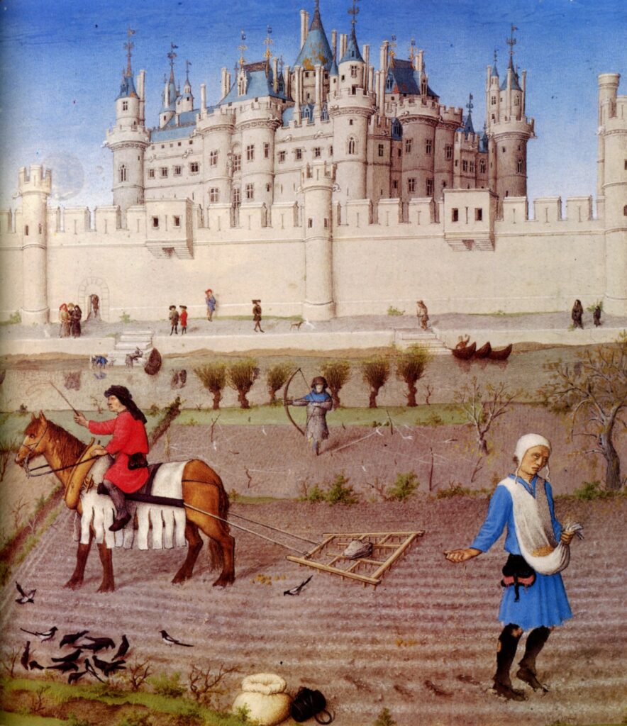 Medieval scene with a grand castle in the background. In the foreground, a farmer rides a horse-drawn plow while sowing seeds, creating an industrious and peaceful atmosphere.