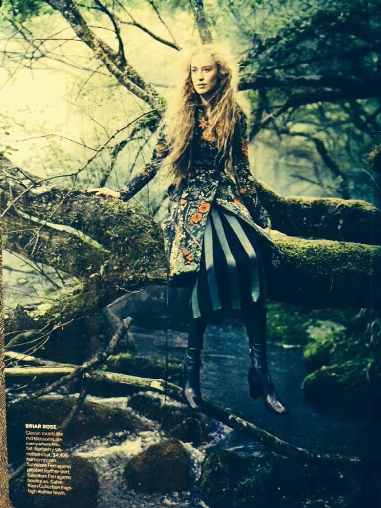 A woman with long, wavy hair sits on a moss-covered tree branch over a creek in a forest. She wears a patterned dress and boots, evoking a mystical tone.