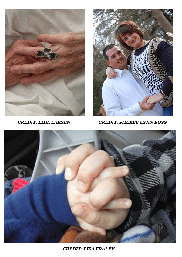 Three photos: 1. Close-up of elderly hands with a floral ring, conveying warmth. 2. A couple embracing outdoors, smiling warmly. 3. Two hands clasped in a plaid blanket, symbolizing closeness.