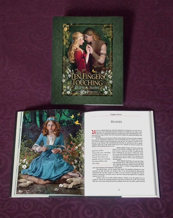 A closed and an open book display a fairy tale theme. The cover shows a romantic couple surrounded by flowers. The open book features a richly dressed girl in a forest.