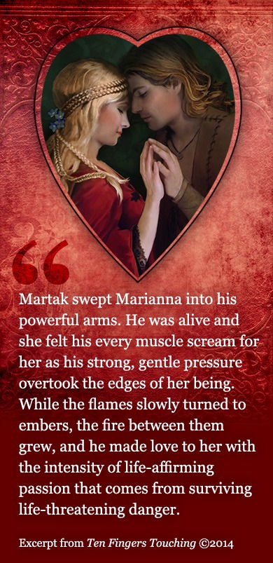 A romantic image shows a man and woman close together, set within a heart-shaped frame. The background is textured red. Text excerpts a passionate narrative.