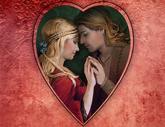 A romantic image shows a man and woman close together, set within a heart-shaped frame. The background is textured red. Text excerpts a passionate narrative.