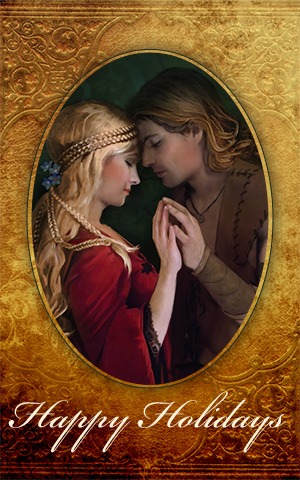 An oval portrait shows a medieval couple in warm embrace, eyes closed, hands touching. The gold ornate border adds a romantic, timeless feel.