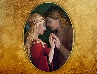 An oval portrait shows a medieval couple in warm embrace, eyes closed, hands touching. The gold ornate border adds a romantic, timeless feel.