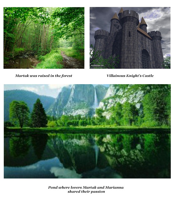 Three-panel image: Lush green forest with a path, a medieval stone castle with towers under a stormy sky, and a serene pond reflecting trees and cliffs.