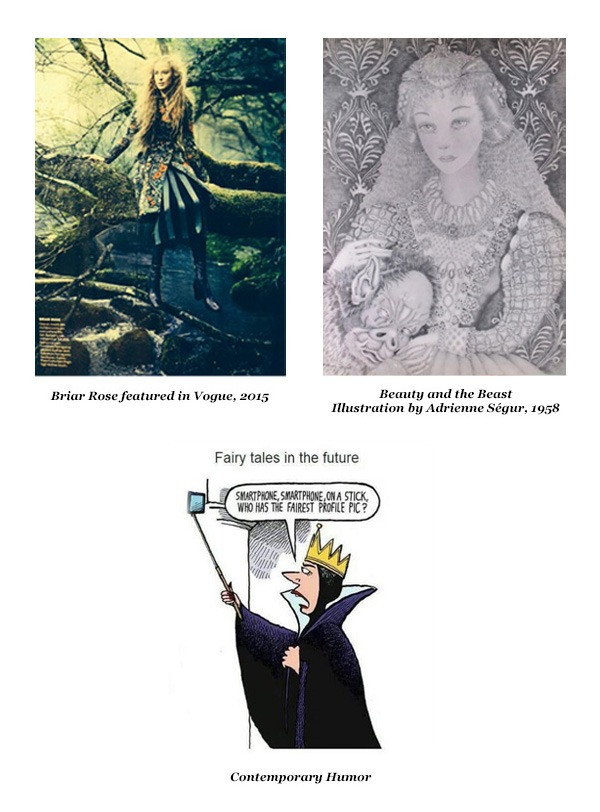 Composite image with three panels: left, fashion model in forest; middle, intricate 'Beauty and the Beast' 1958 illustration; right, cartoon of a queen with a selfie stick humorously asking about selfies.