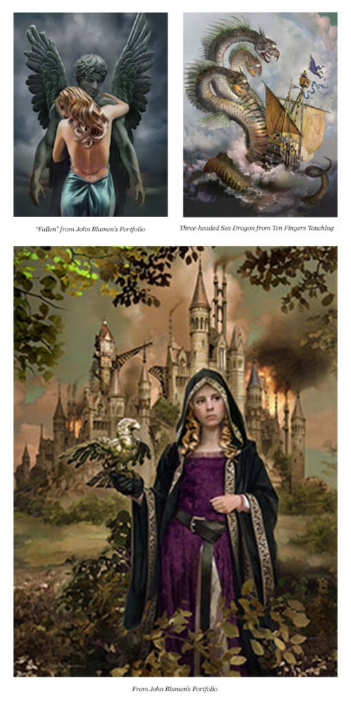 Top left: Woman embracing stone angel with dark wings; somber tone. Top right: Three-headed dragon attacking a ship. Bottom: Girl in medieval clothing with a bird, standing before a castle.