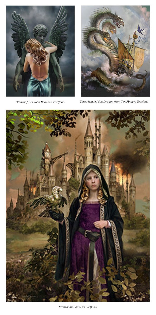 Top left: Woman embracing stone angel with dark wings; somber tone. Top right: Three-headed dragon attacking a ship. Bottom: Girl in medieval clothing with a bird, standing before a castle.